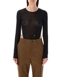 Saint Laurent - Silk Semi-Sheer Long Sleeve Bodysuit With Adjustable Drawstring By Ss24 - Lyst