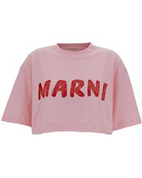 Marni - Pink Cropped T-shirt With Logo Print In Cotton Woman - Lyst