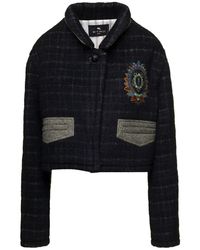 Etro - Black Cropped Jacket With Embroidery And Check Motif In Wool Blend - Lyst