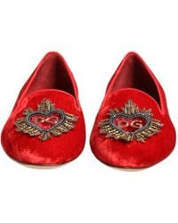 Dolce & Gabbana - Red Velvet Dg Heart Loafers Flat Shoes - Lyst