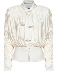 Self-Portrait - Self Portrait Cream Jersey Gathered Tie Neck Top - Lyst