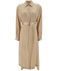 Semicouture - Philipa Long Champagne Chemisier Dress With Belt - Lyst