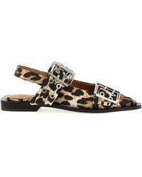 Ganni - Leopard Satin Feminine Buckle Slingback Polyester Flat Shoes - Lyst