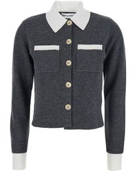 Self-Portrait - Cropped Cardigan With Contrasting Classic Collar And Two Front Patch Pockets - Lyst