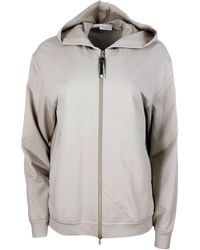 Brunello Cucinelli - Stretch Cotton Sweatshirt With Hood And Jewel On The Zip Puller - Lyst