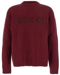 Gucci - Bordeaux Crewneck Sweater With Logo Lettering Embroidery On The Front - Lyst