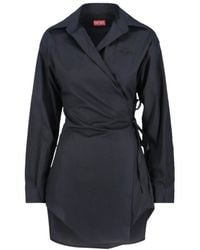 DIESEL - Asymmetric Wrap Midi Shirt Dress With Tone-On-Tone Embroidery - Lyst