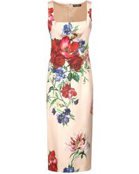Dolce & Gabbana - Satin Pencil Longuette Dress With Flower Print - Lyst