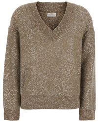 Brunello Cucinelli - V-Neck Knit Sweater Wool Blend Tops - Lyst
