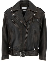 McQueen - Antiqued Biker Jacket With Wide Classic Lapels And Decentralized Zip Closure - Lyst
