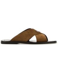 Prada - Camel Suede Slippers - Lyst