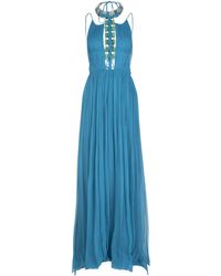 Alberta Ferretti - Long Pleated Turquoise Chiffon Dress With Jewel Neckline - Lyst