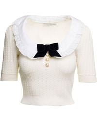 Alessandra Rich - White Knitted Jumper With Bow Detail In Cotton Blend Woman - Lyst