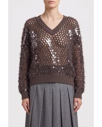Brunello Cucinelli - Cottone Open Knit V Neck Sweater Nwt - Lyst