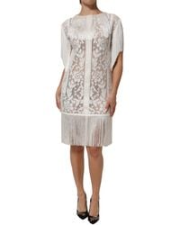 Dolce & Gabbana - White Floral Lace Fringe Knee Length Dress - Lyst