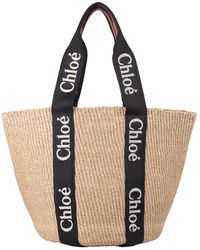 Chloé Woody Large Basket Bag In Raffia With Black Ribbons in