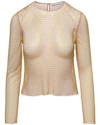 Self-Portrait - Long Sleeve Mesh Top With All-over Crystal Embellishment In Technical Fabric - Lyst