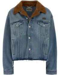 Miu Miu Denim Jacket With Plaid Collar in Blue | Lyst