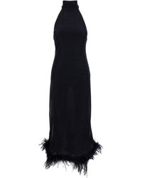 Oséree - Long Black Dress With High Neck And Feathers In Lurex Woman - Lyst