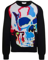 Alexander McQueen - Black Crewneck Sweatshirt With Multicolor Jacquard Skull In Wool Blend Man - Lyst