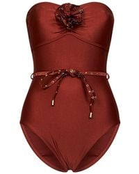 Zimmermann - Tan Lycra Indra One-Piece Swimsuit With Flower Detail - Lyst
