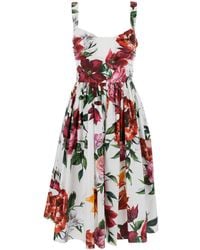 Dolce & Gabbana - Midi Dress With Wide Neckline And All-Over Floral Print - Lyst
