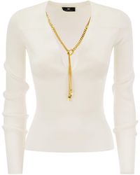 Elisabetta Franchi - Long-Sleeved Ribbed Viscose Top With Necklace - Lyst