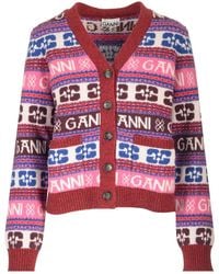 Ganni - Jacquard Wool Cardigan With Logo Pattern - Lyst