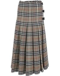 Burberry - Midi Skirt With Side Buckle Closure And All-Over Check Motif - Lyst