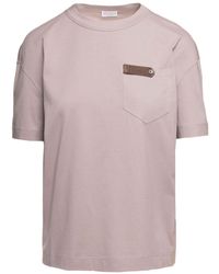 Brunello Cucinelli - Beige Crewneck T-shirt With Monile Detail In Cotton Woman - Lyst
