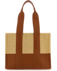 Chloé - Two-tone Raffia And Leather Medium Woody Shopping Bag - Lyst