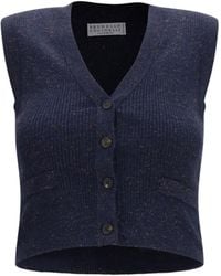 Brunello Cucinelli - Sleeveless Metallic Knit Cardigan Cashmere Blazers - Lyst