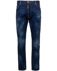 DSquared² - E Straight Jeans With Logo Patch And Faded Effect In Stretch Cotton Denim - Lyst