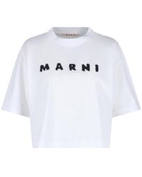 Marni - Cropped Short-Sleeve T-Shirt With Textured Lettering - Lyst