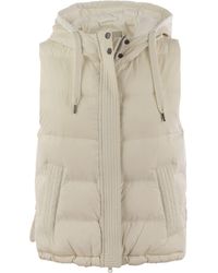 Brunello Cucinelli - Sleeveless Nylon Down Jacket With Hood And Shiny Trim - Lyst