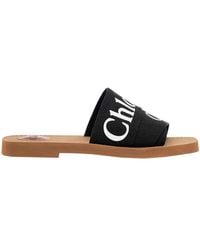Chloé - Canvas Sandals With Logo Calf Leather Flat Shoes - Lyst