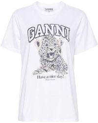 Ganni - Leopard Print Cotton T-Shirt - Lyst