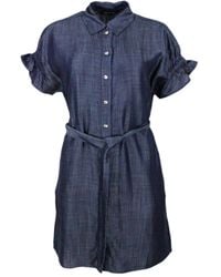 Armani - Lightweight Denim Dress With Gathered Sleeves With Button Closure And Belt Supplied - Lyst