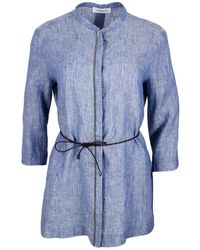 Fabiana Filippi - Long Linen Shirt With Leather Belt And Embellished With Brilliant Jewels Along The Buttoning - Lyst
