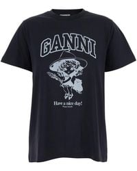 Ganni - Crewneck T-Shirt With Maxi Logo Lettering On The Front And Maxi Print On Front And Rear - Lyst