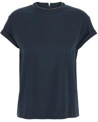 Brunello Cucinelli - Crewneck T-Shirt With Monil Detail On The Collar And Rear Cut-Out - Lyst