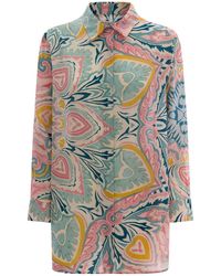 Etro - Light Blue Shirt With Multicolored Graphic Printed Pattern All-over In Silk Woman - Lyst