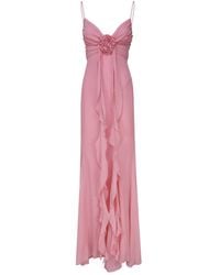 Blumarine - Long Silk Dress With Draping And Decorative Rose - Lyst