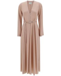 Forte Forte - Long Pale Dress With Belt And Long Sleeves - Lyst