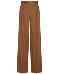 Max Mara - Mstcocco Tan-Colored Lightweight Pure Wool Broadcloth Wide-Leg Trousers With Belt - Lyst