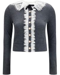 Self-Portrait - Knit Cardigan With Lace Collar Merino Wool Ovis Aries - Lyst