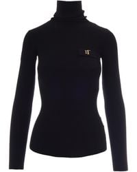 Elisabetta Franchi - Fitted Long-Sleeve Knit Top With Logo Detail - Lyst