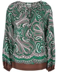 P.A.R.O.S.H. - Green Silk Blouse With Long Puffed Sleeves And All-over Print Woman - Lyst