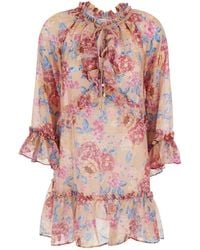 Anjuna - Short Kaftan Dress With Ruffled Sleeves And All-Over Floral Motif - Lyst