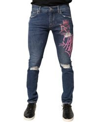 Dolce & Gabbana - Distressed Graffiti Print Skinny Jeans Cotton Elastane Clothing - Lyst